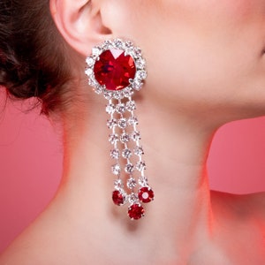 Ruby Red Crystal Dropper Earrings | Multistrand Waterfall Red Earrings | Crystal Costume Jewellery Earrings