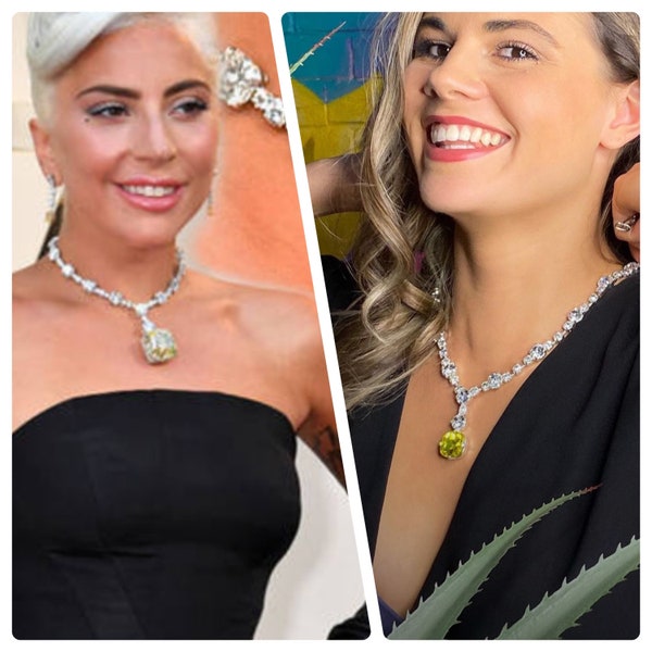 Lady Gaga Oscars Austrian Crystal Necklace | Yellow Faux Diamond Necklace | Silver Plated | Imitation Jewels | Vintage Reproduction Necklace