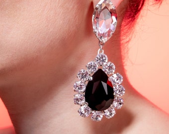 Jet & Clear Monochrome Crystal Earrings | Clip On or Pierced Options | Black Crystal Costume Jewellery | Drag Queen Earrings