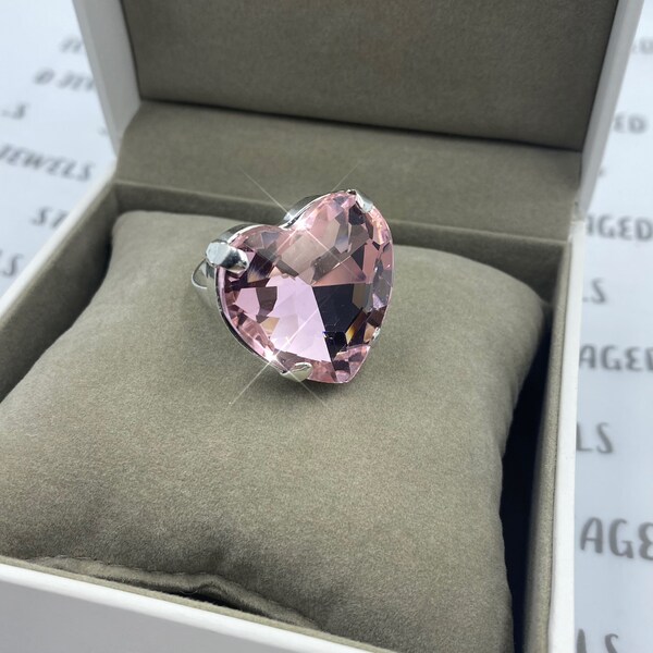 Pink Heart Crystal Ring | Adjustable Wide Band Crystal Ring | Heart Faceted Stone | Crystal Imitation Faux Diamond