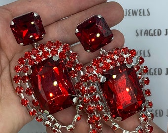 Hot Red Oversized Crystal Earrings | Clip On & Pierced Available | Large Red Earrings | Red Drag Queen Earrings