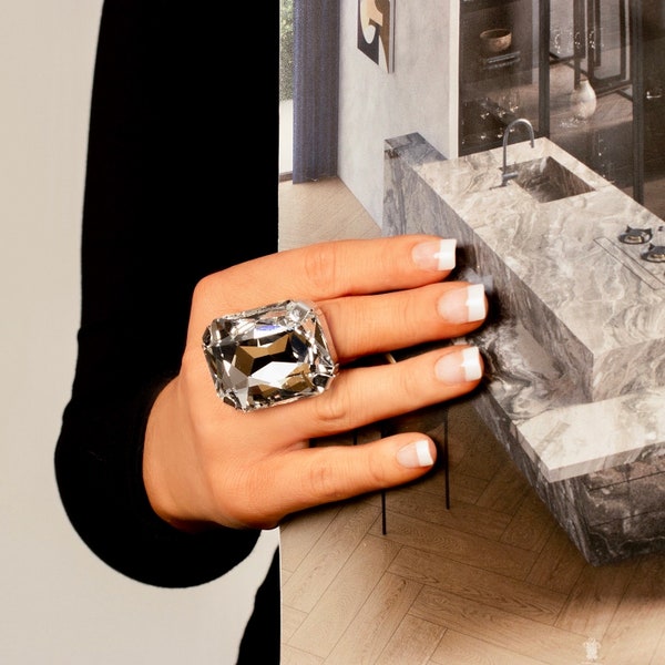 Bague fantaisie diamant géant en cristal, 40 x 30 mm pierre autrichienne, taille réglable, plaqué argent, bague pour robe spectaculaire, imitation de bijoux fantaisie