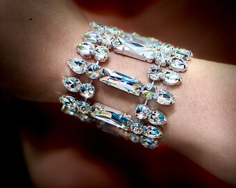 Wide Crystal Bracelet | Large Glass Stones | Wedding Cuff Bracelet | Hook & Chain Adjustable | One Off Design | Statement Bracelet