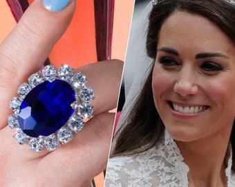 Réplique de bague de fiançailles en saphir princesse Diana et princesse Kate | Bague ajustable | Bague diamant surdimensionnée avec cristal autrichien bleu