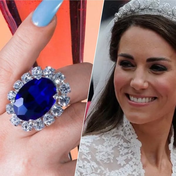 Princess Diana & Princess Kate Replica Sapphire Engagement Ring | Adjustable Band Ring | Oversized Blue Austrian Crystal Diamond Ring