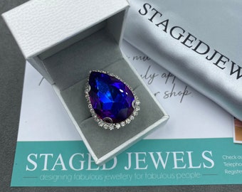 Sapphire Purple Austrian Crystal Ring | Purple Jewels | Fully Adjustable Size | Imitation Jewels Large Stone Ring | Faux Diamond