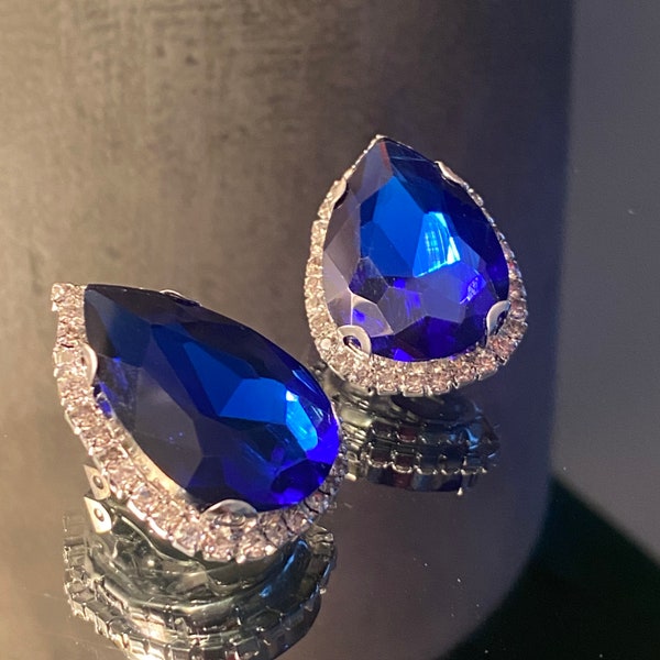 Sapphire Blue Teardrop Earrings With Embellished Edging | Blue Statement Clip On Earrings | 30x20mm | Blue Costume Jewellery
