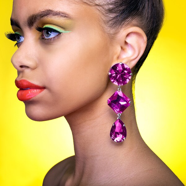 Hot Pink Crystal Tear Earrings | Clip On Also Available | Pink Crystal Jewelry | Gemstone Earrings | Drag Queen Earrings