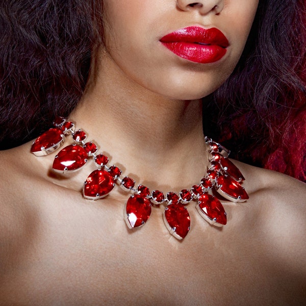 Ruby Red Austrian Crystal Teardrop Necklace | Women’s Occasion Necklace | Evening Wear Statement Necklace