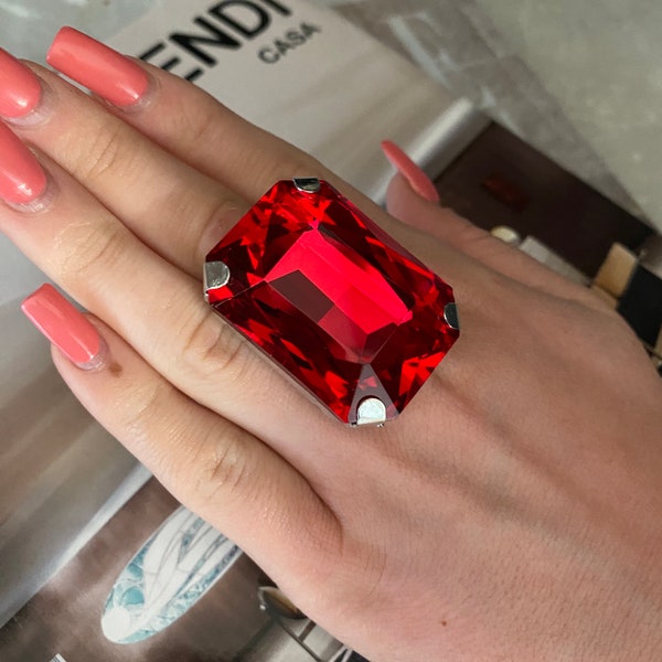 Dramatic Ruby Red Crystal Ring 40x30mm Stone, Adjustable Size, Silver Plate, Oversized Austrian Stone, Large Costume Jewellery