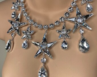 Cosmic Stars Austrian Crystal Necklace, Faux Diamond Style, Silver Plate, Glamorous Bold Necklace, Red Carpet Jewels