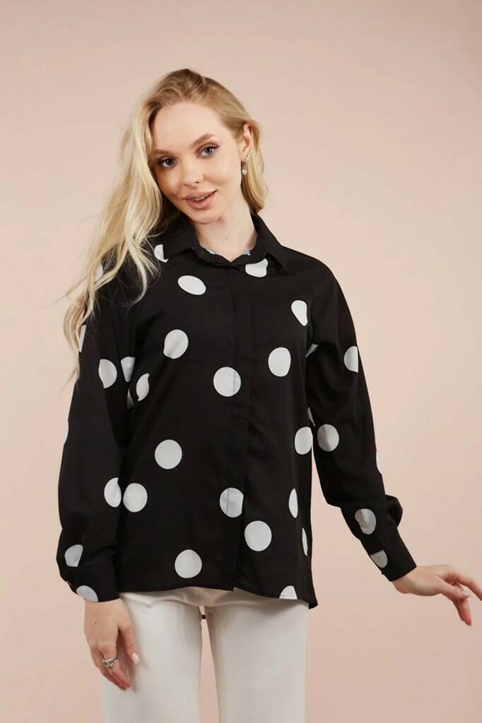 Black Colorblock Contrast Collar Polka Dot Short Sleeve Blouse Top Sz S M L  XL