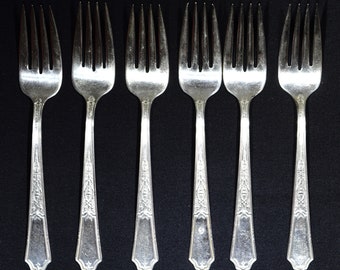 Ensemble vintage de 6 fourchettes à salade en métal argenté ; 1847 frères Rogers ; Motif ancestral ; Adorable !