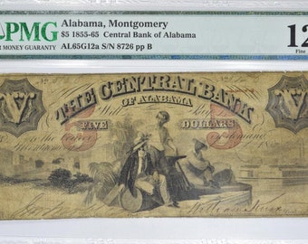 1855-65 "1865?" Central Bank of Alabama, Montgomery Five Dollar Bank Note PMG-12