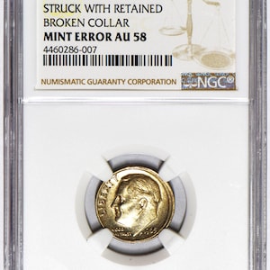 1965 Dime Struck With Retained Broken Collar Mint Error NGC AU-58; Rare Type!