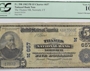 1902 Five Dollar National Bank Note; The Thames NB, Norwich, CT; PCGS-10; Fr.-598, Charter 657