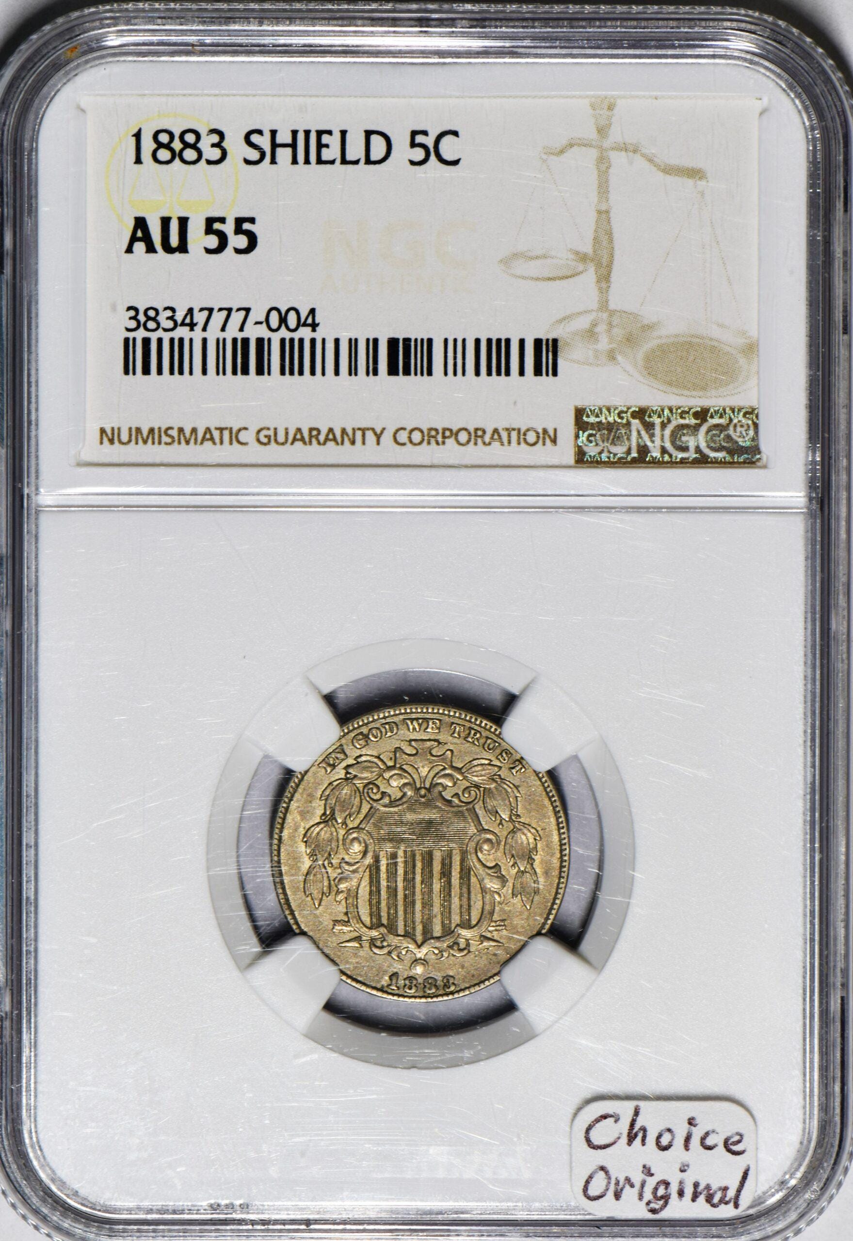 1883 Shield Nickel NGC AU-55; Choice Original