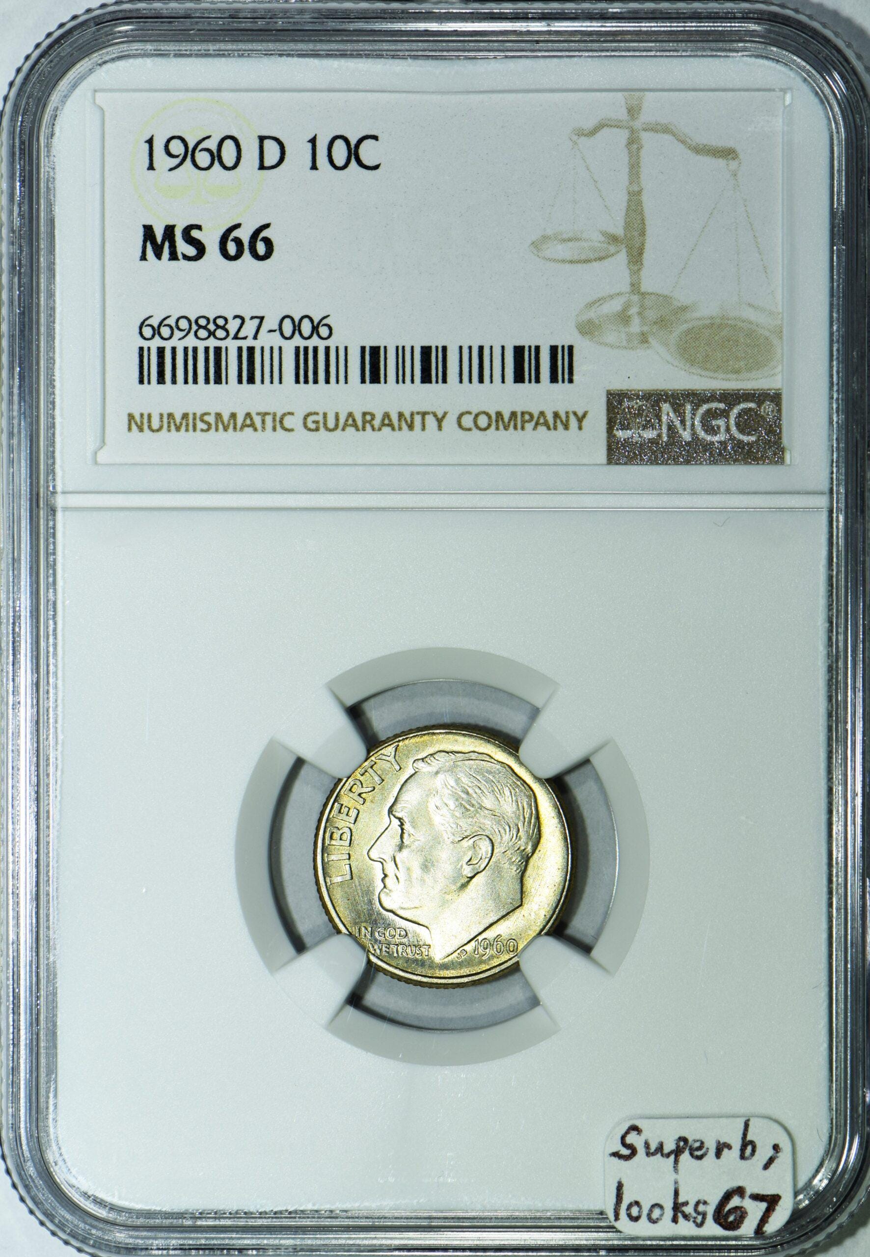 1960-D ルーズベルト ダイム NGC MS-66; 素晴らしい; ルックス 67
