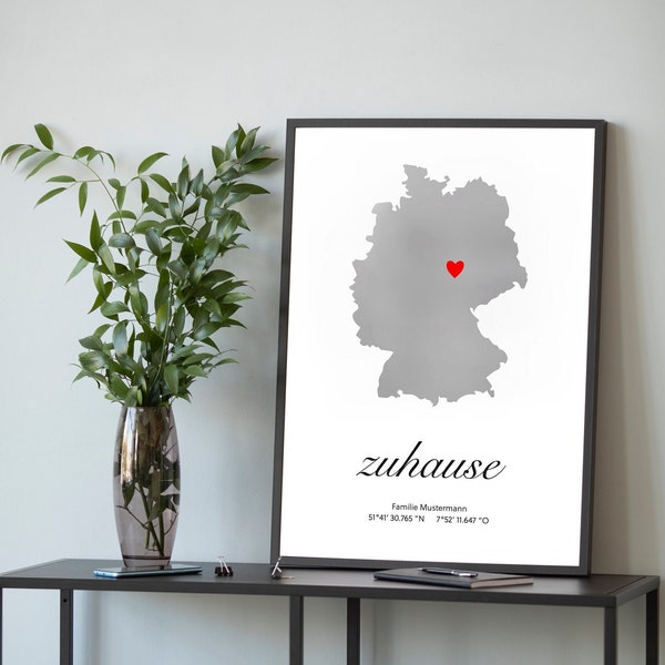 Einzugsgeschenk Poster Deutschlandkarte mit Koordinaten und Namen individualisierbar