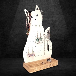 Metal and bamboo animal jewelry holder Chat blanc