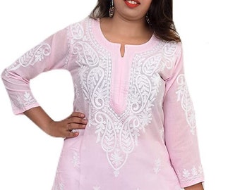 Amazing Baby Pink Lucknowi Cotton Kurti for Women Chikan Embroidery Pure Cotton Straight Kurti with White Pant Embroidery Handmade Kurti