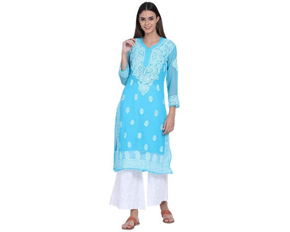 Women Designer Blue Kurti Palazzo Dupatta Indian Wedding Party Wear Kurta  Pant | eBay