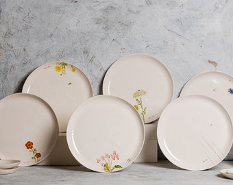 White Ceramic Dinner Plates Set, Floral Ceramic Plate, Main Course Rustic Plate, Kitchen Pottery Gift, Nordic Tableware, Kitchen Table Décor