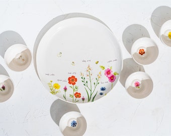 Floral Plate and 6 Bowls, Spring Flowers Plate and Bowls, Tapas Bowl, Butter Dish, Ceramic Dinnerware, Nordic Décor, Summer Trend Gift