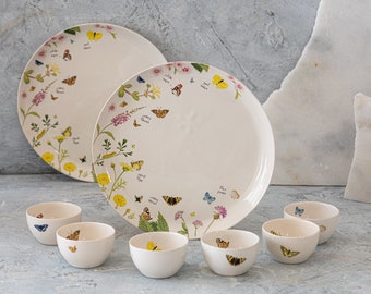 Ceramic Plate & Bowls, Butterflies Plate, 6 Small Bowls, Tapas Pottery Bowls, Ceramic Plate, Butter Dish Ceramic, Dinnerware, Kitchen Gift