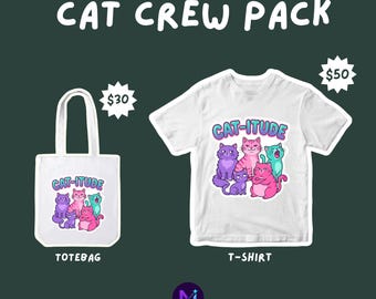 Conjunto de camiseta y bolso Cat-Itude / Combinación gráfica de gatos de dibujos animados Kawaii