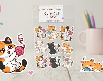 Pegatinas de gatos Kawaii / Paquete de 50 pegatinas de gatos para agendas y portátiles