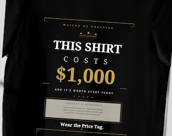 Camiseta con estampado llamativo, parodia de lujo, humor sarcástico, algodón.