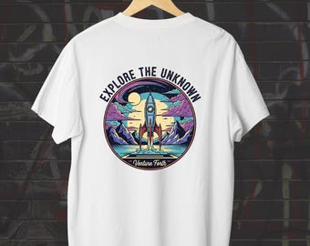 Camiseta retro con cohete espacial / Camiseta gráfica vintage de ciencia ficción / Ropa de aventura cósmica
