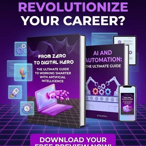 以下が含まれることがあります： 紫と黒を基調としたプロモーション画像で、「From Zero to Digital Hero」と「AI and Automation: The Ultimate Guide」というタイトルの2冊の本の表紙が特徴です。画像には、本の表紙を表示するスマートフォンとタブレットも含まれており、「Ready to Revolutionize Your Career?」と「Download Your Free Preview Now!」というテキストが表示されています。
