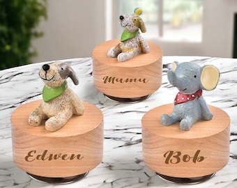 Handgefertigte benutzerdefinierte Tier drehen Holz gravierte Spieluhr, personalisierte Weihnachtsgeschenk, Baby-Dusche-Geschenk, Tier Spieluhr, Geschenk für Kinder