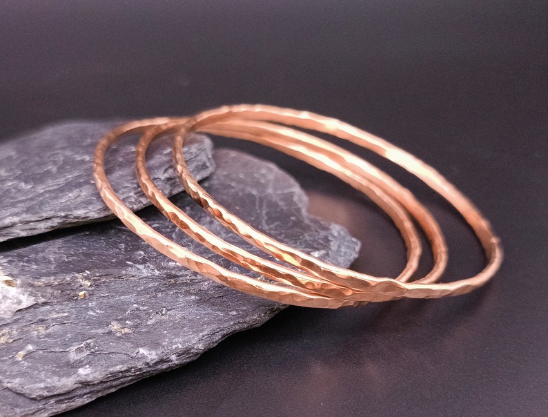 1 Hammered Fine Copper Bracelet Bangle, Mineral Texture, Light, Rustic Bracelet, Textured Bangle, Stackable Bracelet, Bracelet, Copper image 5