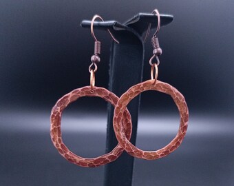 Copper earrings fire disc dark red patina, Geometric boho style, red patina ocher earth colors.