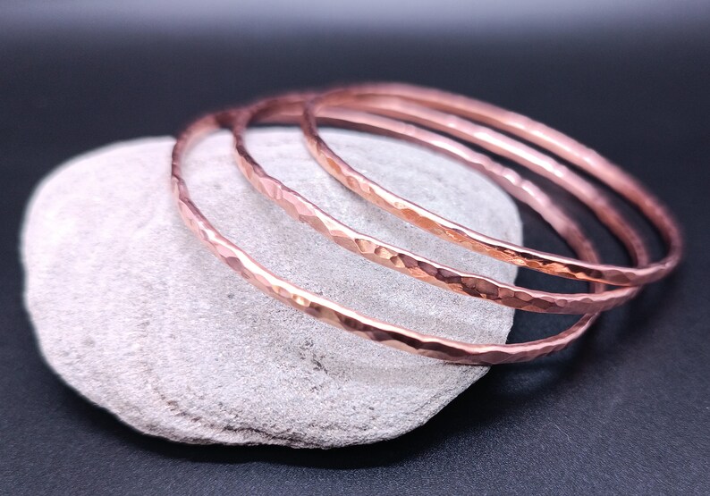 1 Hammered Fine Copper Bracelet Bangle, Mineral Texture, Light, Rustic Bracelet, Textured Bangle, Stackable Bracelet, Bracelet, Copper image 2