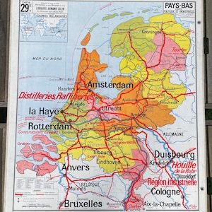 Huge Original French classroom 1960s Lablache map of the Netherlands - excellent condition - double sided