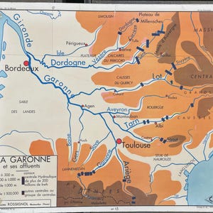 Originale französische Schulkarte von 1960, Landkarte von Südwest Frankreich