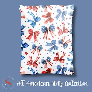 May include: White poly mailer bag with a repeating pattern of red, white, and blue bows and stars. Some bows feature an American flag design. The text "All American girly collection" is at the bottom.