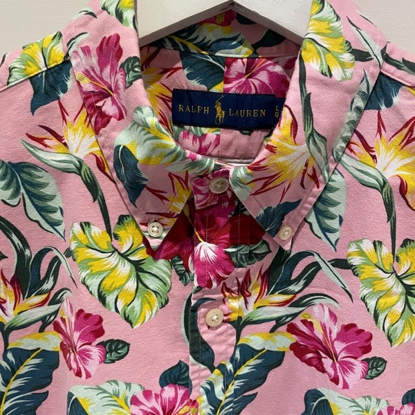 Ralph Lauren Men's Large Oxford Pink cotton Floral Hibiscus Hawaiian Shirt