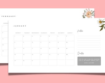 May include: A printable calendar for January and February with floral illustrations and a space for notes and quotes. The quote reads "Life is like a roller coaster, live it, be happy, enjoy the ride." - Andy Lauer