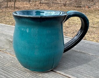Large Wheelthrown, turquoise, teal, bluegreen pottery mug, 12 oz, handmade, pottery, porcelain, ceramic, teal pottery mug