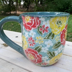 Turquoise mug, Flower mug, turquoise pottery, turquoise pottery mug, handmade mug, blue pottery mug, wheelthrown, blue pottery, 17 ounces