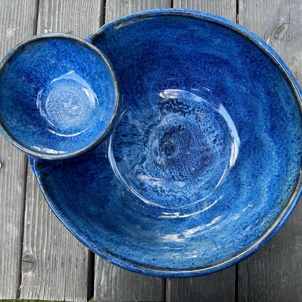 Chip n dip bowl, 11” bowl, blue chip and dip bowl, large bowl, large blue bowl, pottery, handmade, stoneware, handmade gift, serving bowl