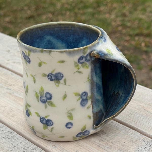 Blueberry handwarmer mug, Maine blueberry mug, blue mug, wheelthrown mug, 14 fluid ounces, right handwarmer mug, pottery, blue pottery, 002