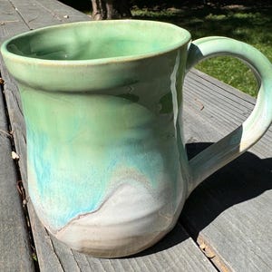 Green pottery mug, green ombré mug, 16 ounces, large green mug, wheelthrown, handmade, green pottery, handmade pottery mug