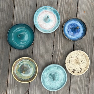 Ring holder, trinket dish, pottery, teal, blue, pink, turquoise, beach, green, white, brown, handmade, wheelthrown, ceramic, porcelain