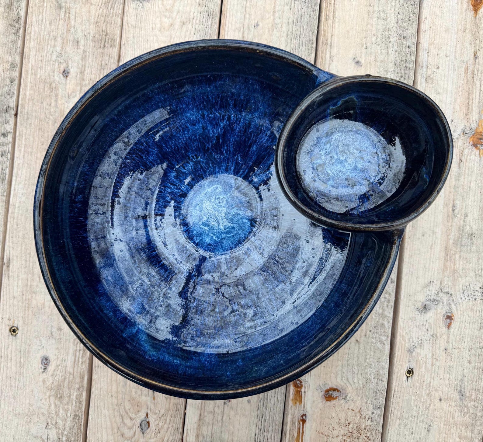 Chip n dip bowl, 12” bowl, blue chip and dip bowl, large blue bowl, blue pottery, stoneware, handmade gift, large serving bowl, wedding gift